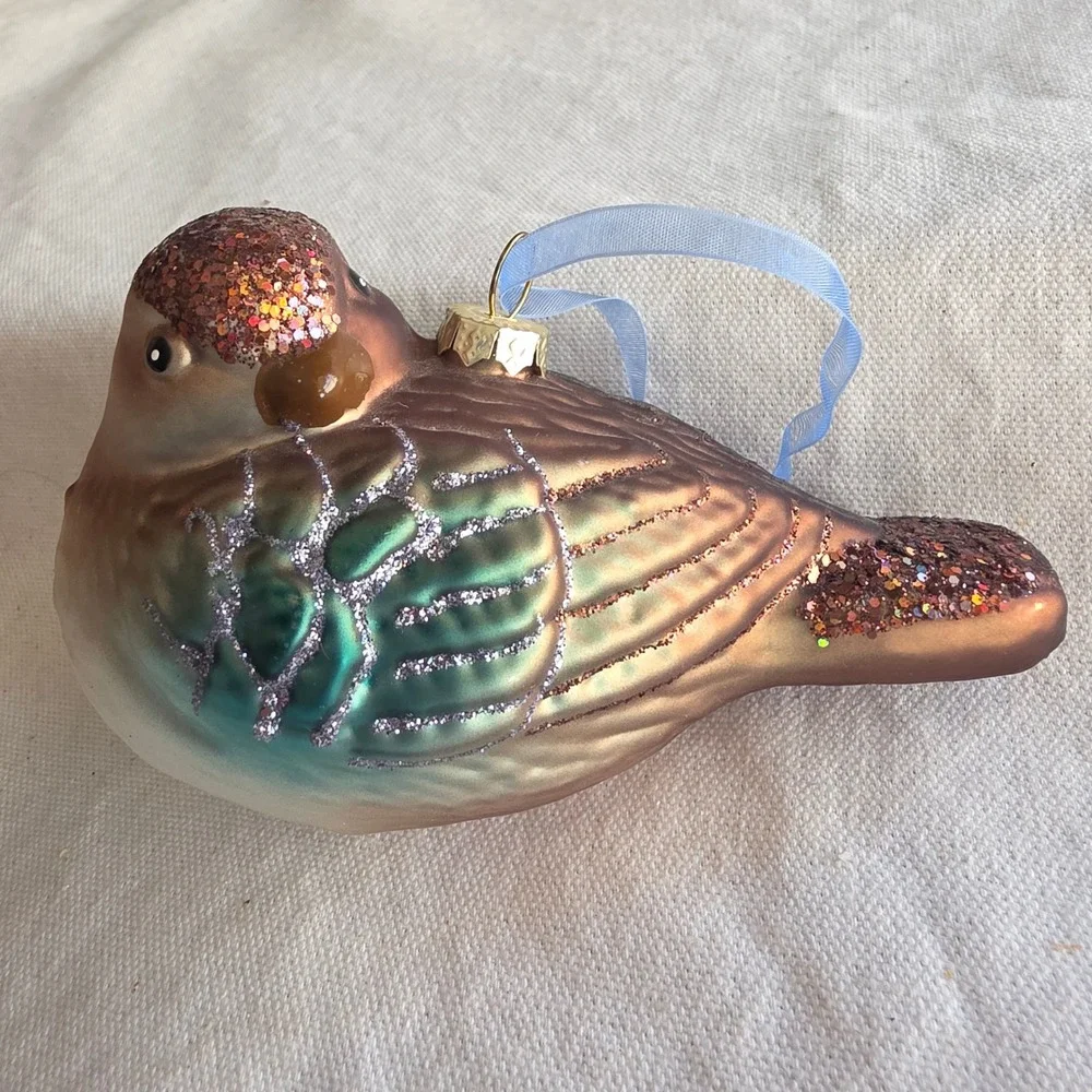 Hanging Blown Glass Bird Ornament Glitter Accents Copper Teal Blue 4.5 Inch
